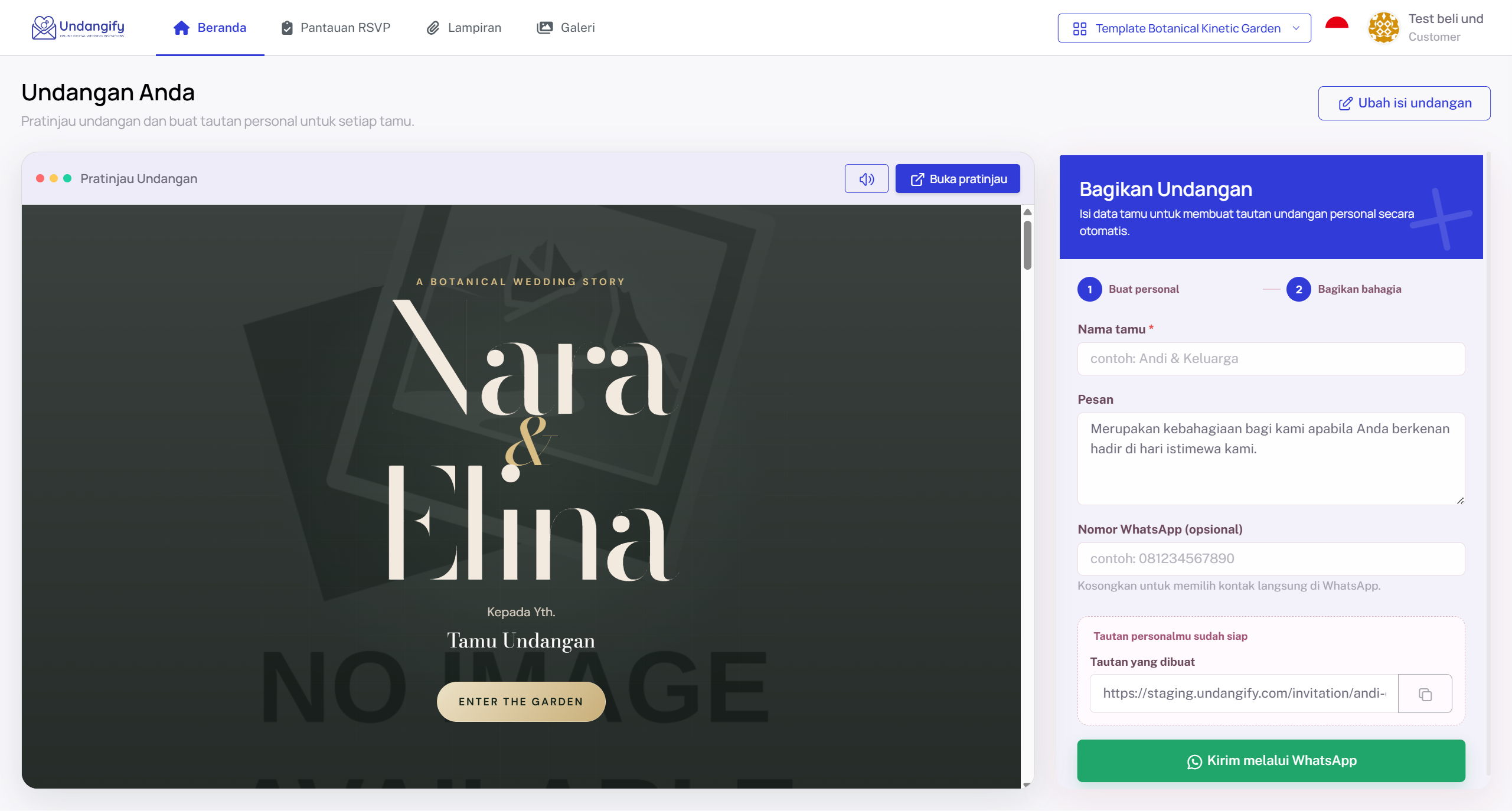 Dasbor pelanggan dan pratinjau undangan Undangify
